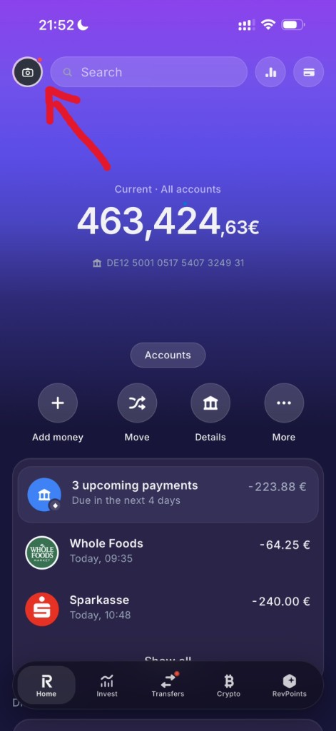 Home screen — tap the avatar at the top left