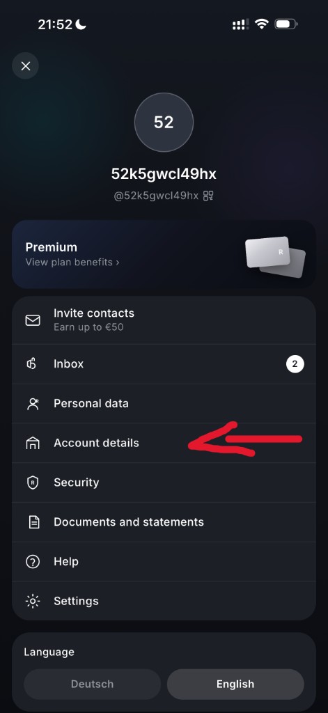 Profile screen — tap Account details
