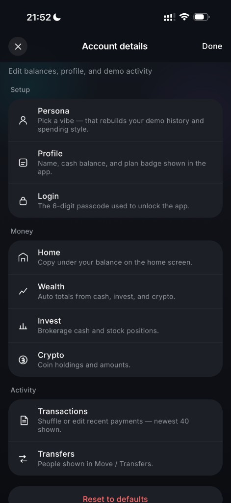 Account details menu with Setup, Money, and Activity